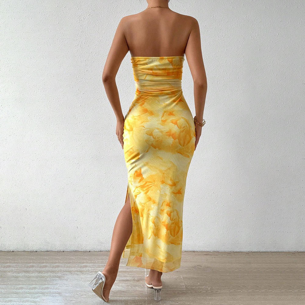 Damen Maxikleid Lang Hülsenform Bandeau-Ausschnitt Hochschlitz