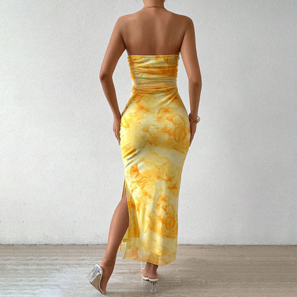 Damen Maxikleid Lang Hülsenform Bandeau-Ausschnitt Hochschlitz
