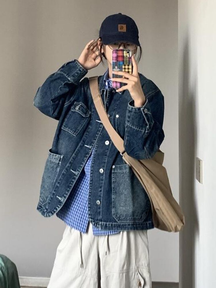 Damen Denim-Jacke Große Taschen Norvielle