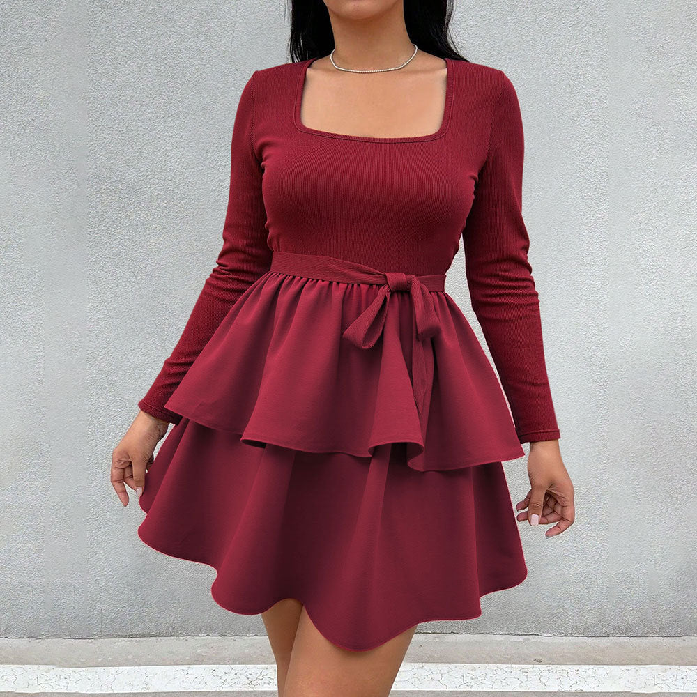 Damen Minikleid Quadratischer Ausschnitt Rüschen Taillenband