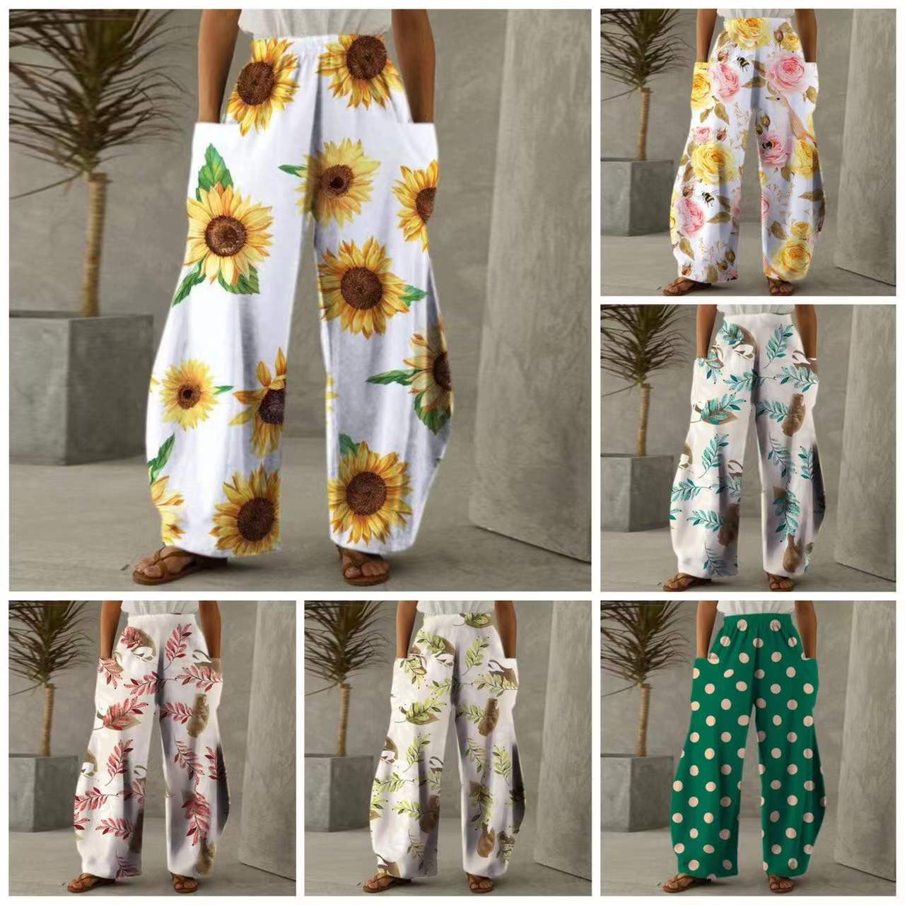Damen Weite Blumenhosen Mit Taschen Elastischer Bund - Norvielle