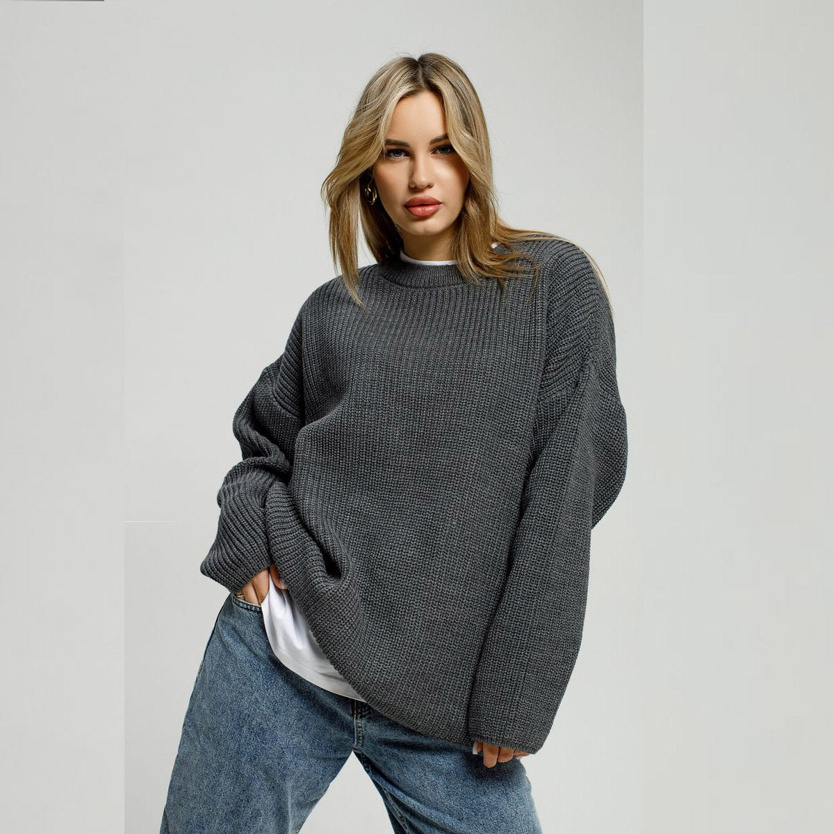 Damen Grobstrickpullover Lässiger Schnitt Großzügige Ärmel Norvielle