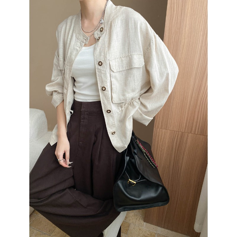 Damen Leinenjacke Mit Stehkragen Und Taschen Beige
