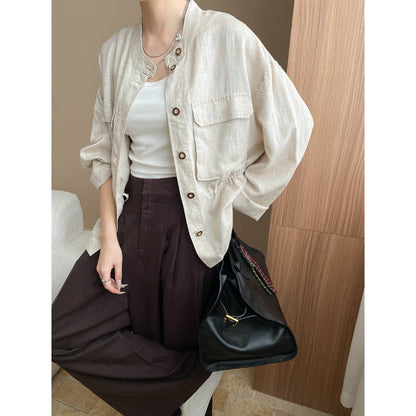 Damen Leinenjacke Mit Stehkragen Und Taschen Beige