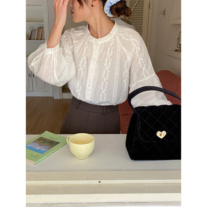 Damen Bluse Puffärmel Feines Stickdesign Norvielle