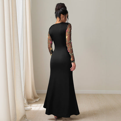 Damen Maxikleid mit floralem Spitzeinsatz Asymmetrischer Saum