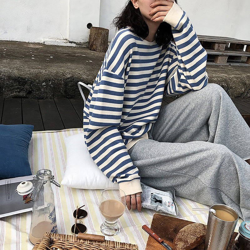 Damen Sweatshirt Streifen Weite Passform Lässige Ärmel