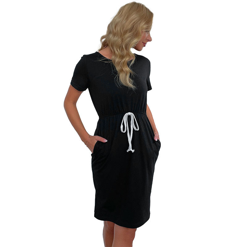 Damen Kurzarmkleid mit Eingrifftaschen und Taillenkordel Norvielle