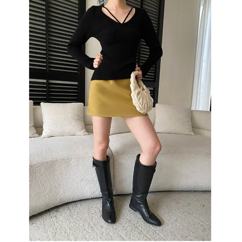 Damen Rippstrick Pullover V-Ausschnitt Langer Ärmel Norvielle