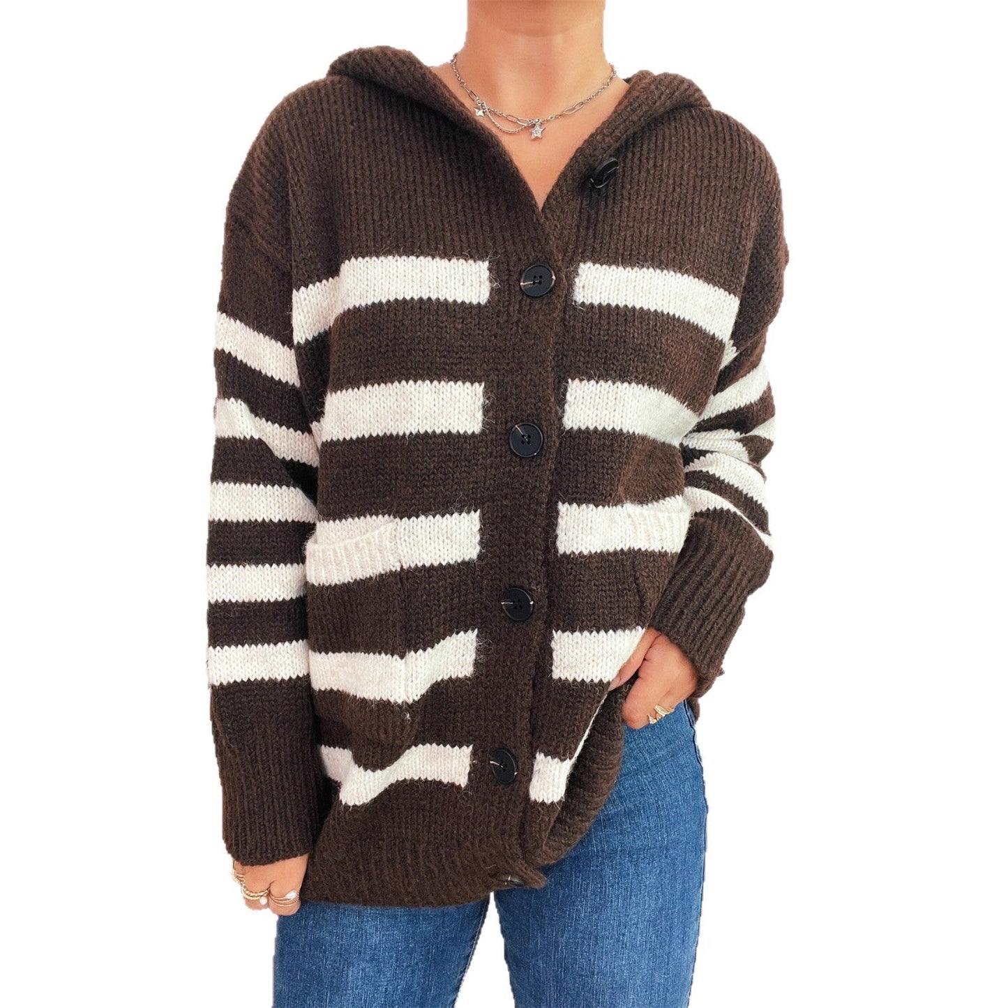 Damen Strickcardigan mit Kapuze und Streifen
