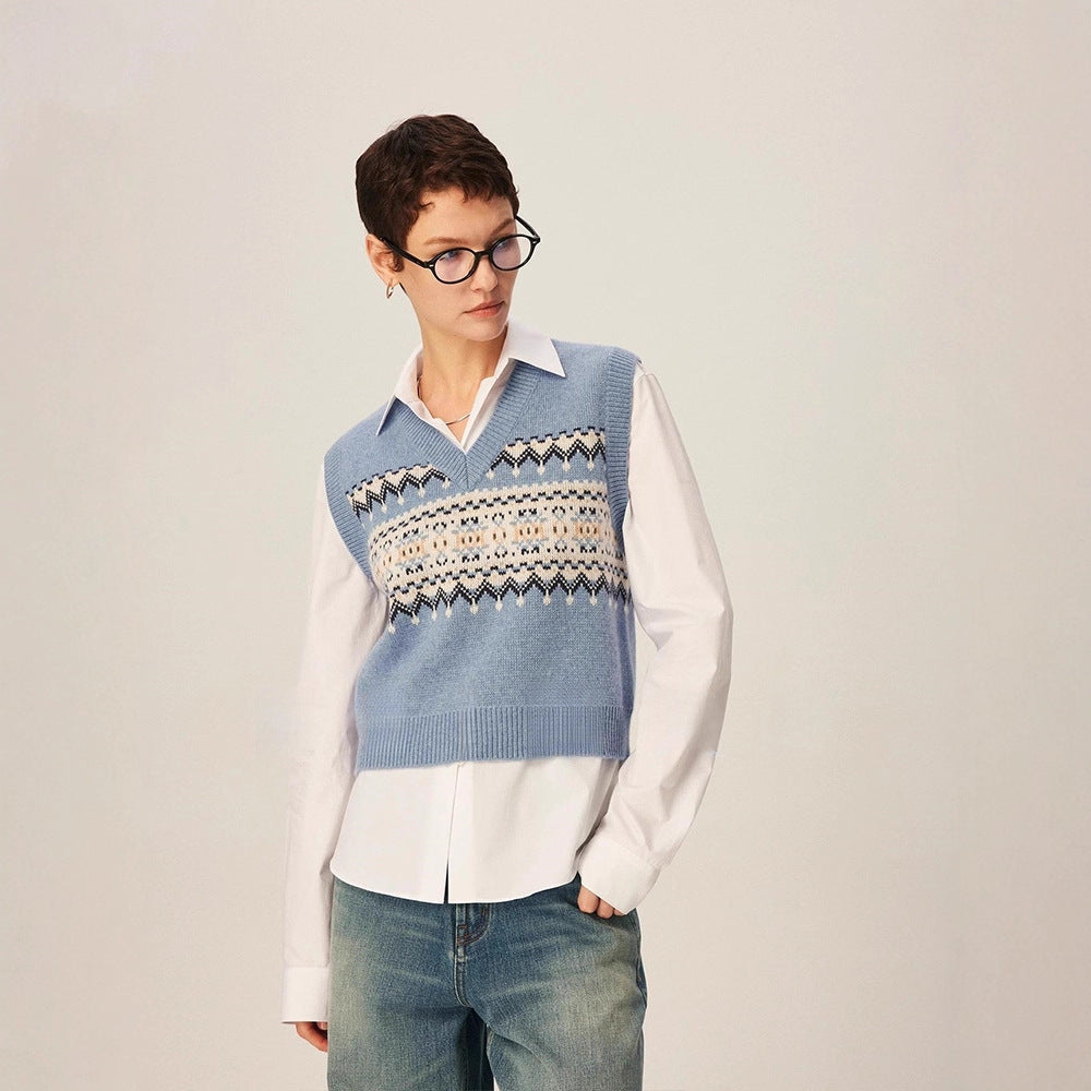 Damen Strickpullover V-Ausschnitt Geometrisches Muster Norvielle