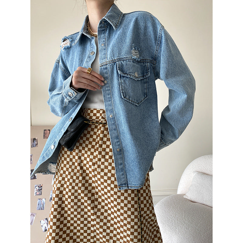 Damen Jeansjacke Used Look Große Taschen Norvielle