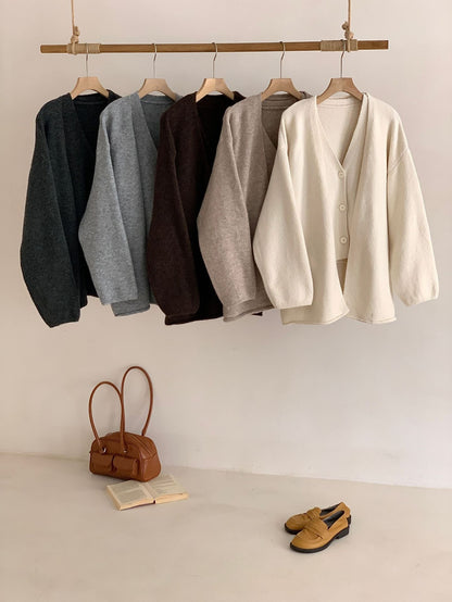 Damen Strickcardigan Lässig Knopfverschluss Voluminöse Ärmel Beige