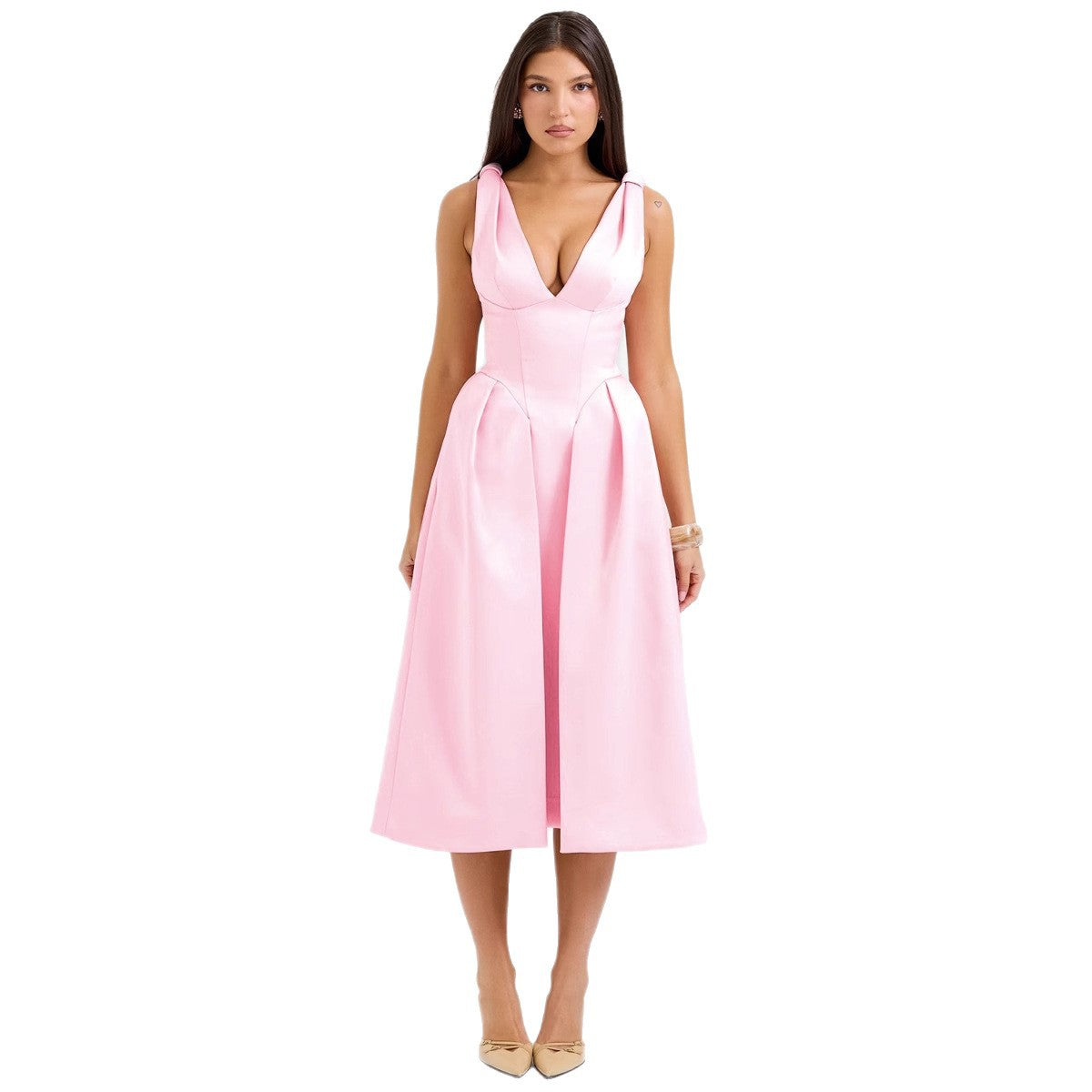 Damen Midikleid V-Ausschnitt Falten Norvielle