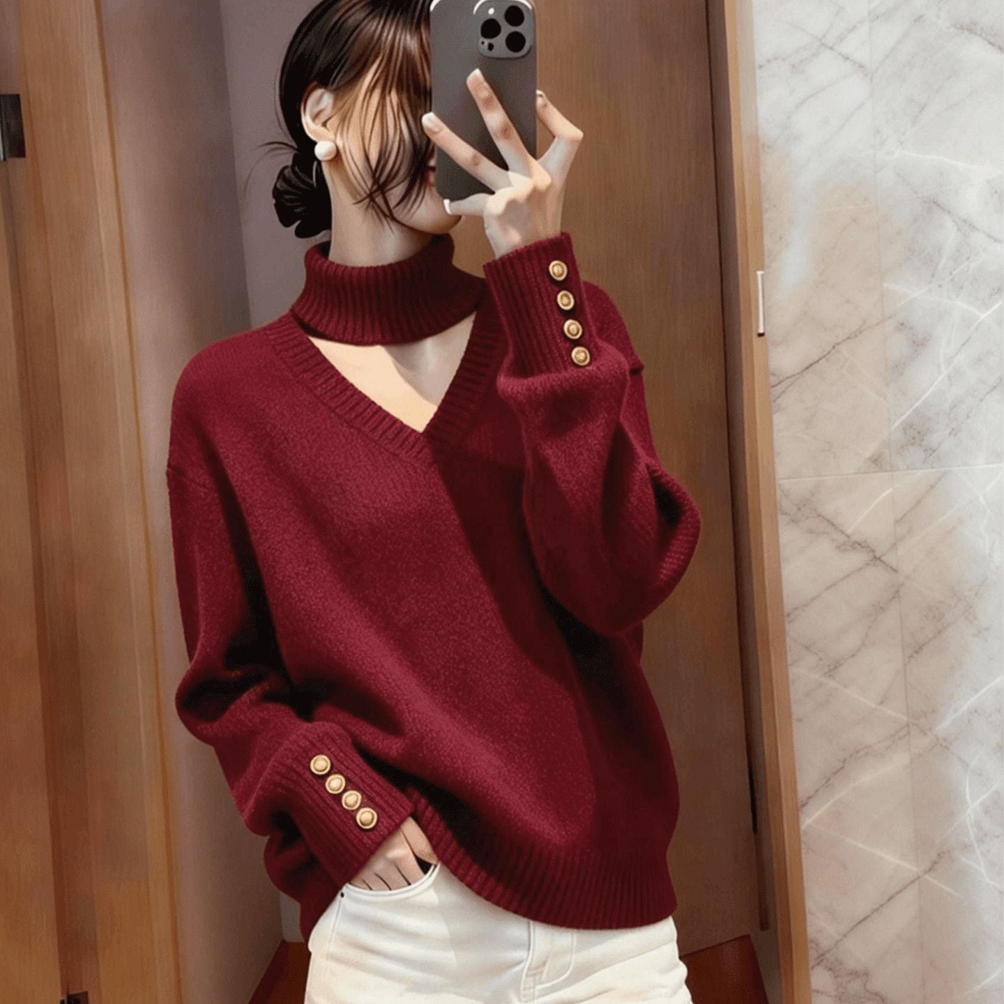 Damen Strickpullover Rollkragen Knopfdetails Norvielle
