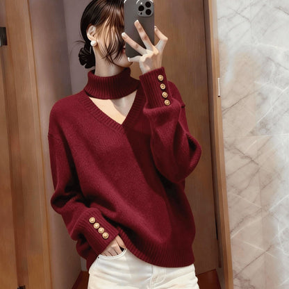 Damen Strickpullover Rollkragen Knopfdetails Norvielle
