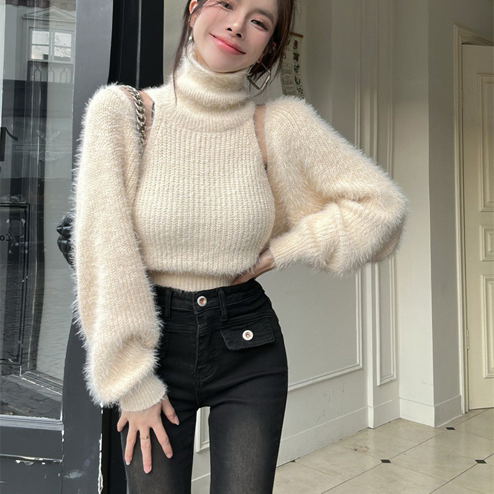 Damen Rollkragenpullover Puffärmel Norvielle