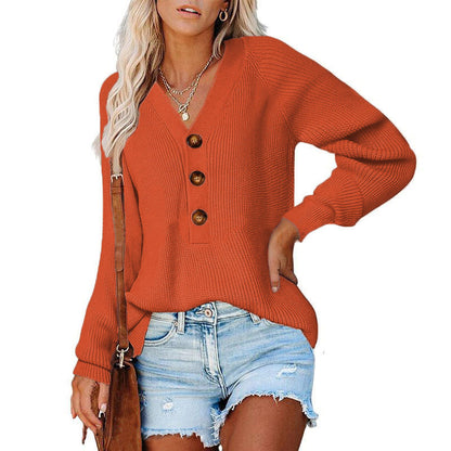 Damen Pullover V-Ausschnitt Holzknöpfe Norvielle
