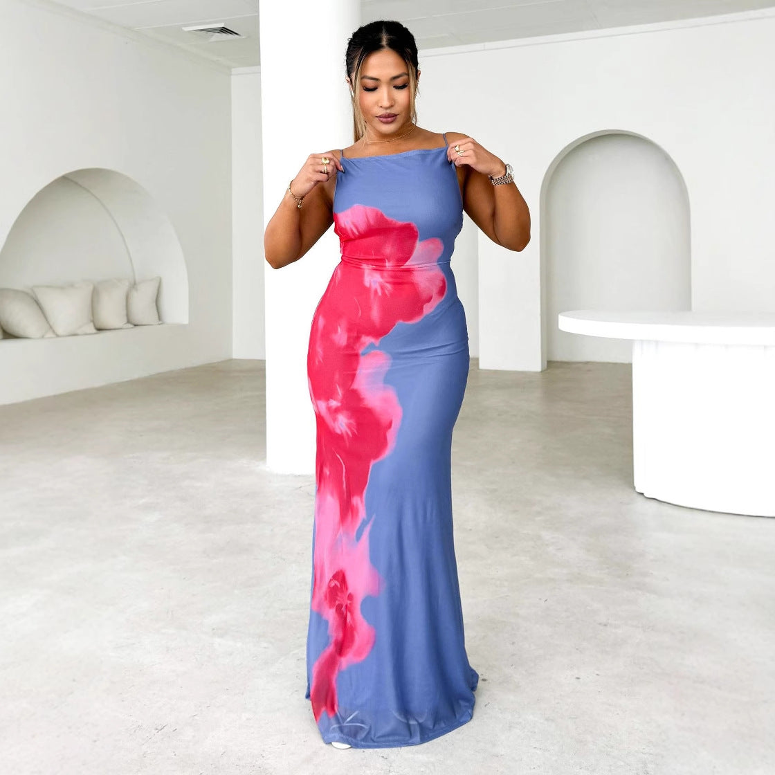 Damen Maxikleid Floralmuster Schmale Träger Norvielle