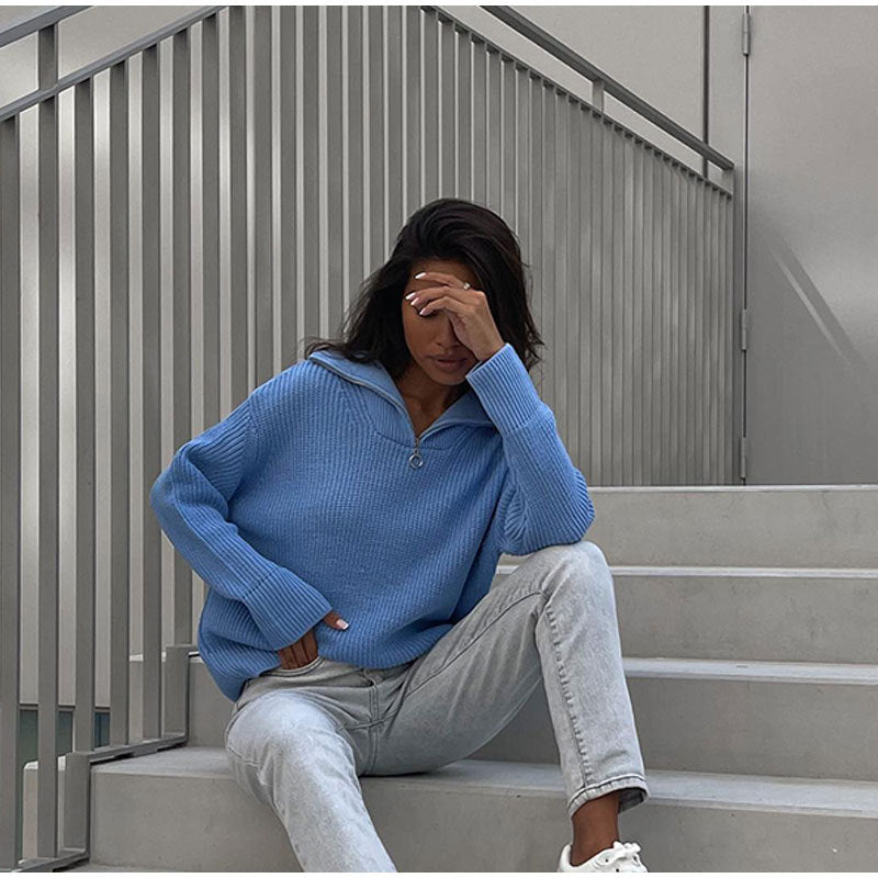 Damen Oversized Strickpullover Stehkragen Reißverschluss Norvielle