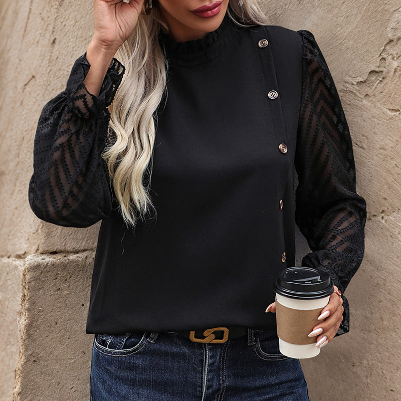 Damen Blusenshirt transparente Ärmel Knöpfe Norvielle