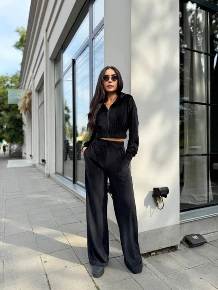Damen Velours-Loungewear-Set mit Kapuze elastisch Norvielle