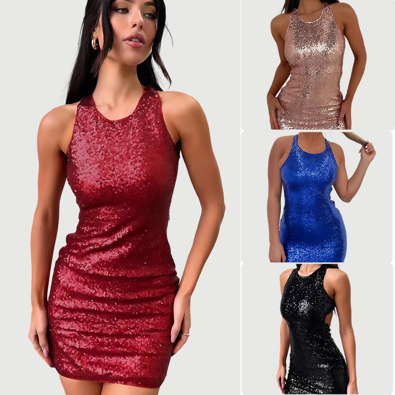 Damen Minikleid Glitzernd Schimmernd Racerback Design Schwarz - Norvielle