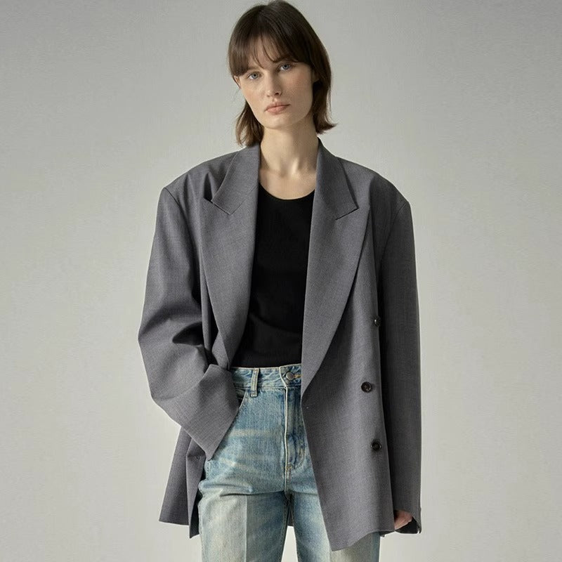 Damen Blazer Oversized Doppelter Knopf Schwarz Norvielle - Norvielle
