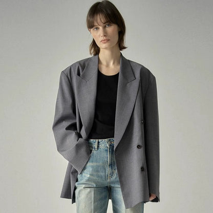 Damen Blazer Oversized Doppelter Knopf Schwarz Norvielle - Norvielle