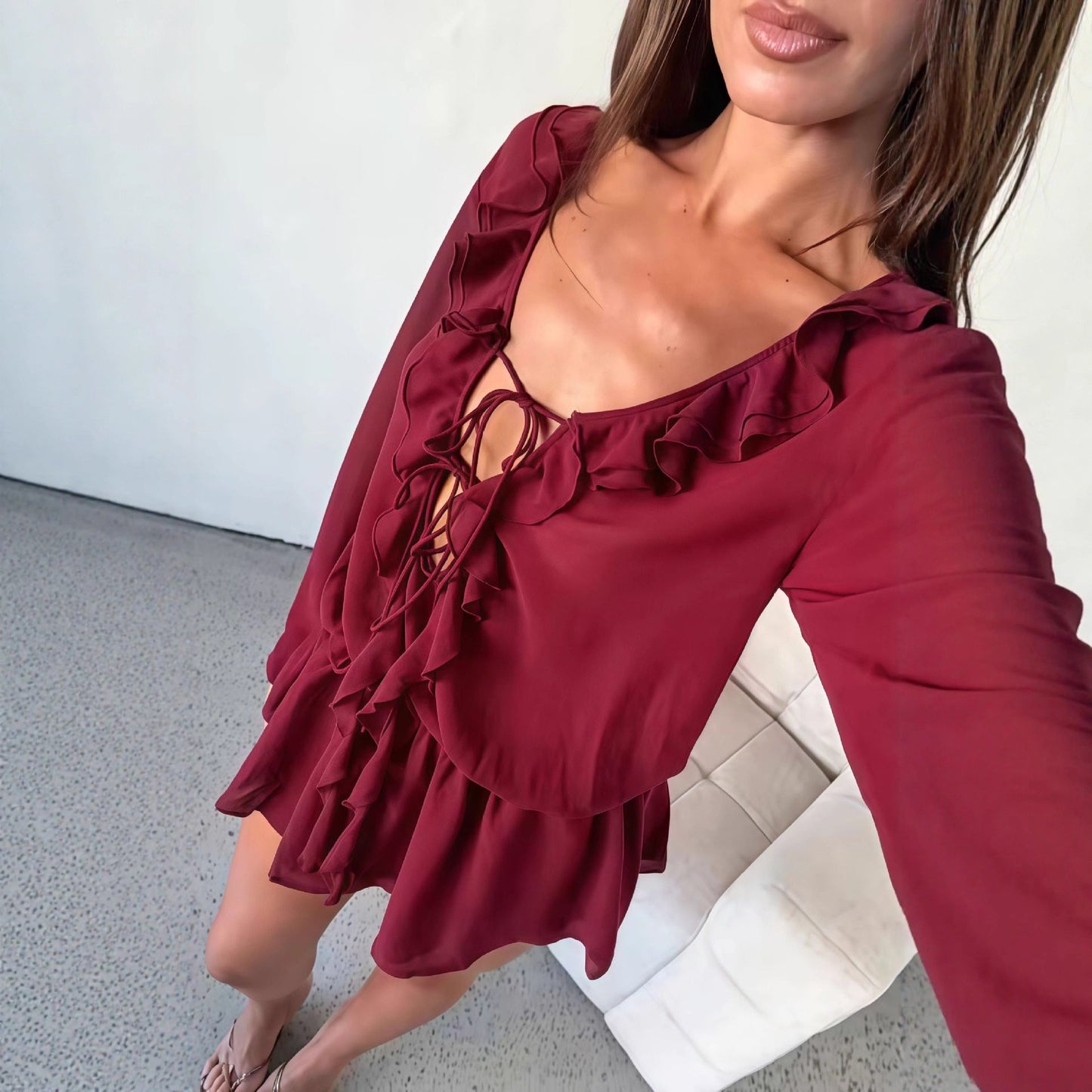 Damen Chiffonbluse Elegante Rüschendekoration V-Ausschnitt Norvielle