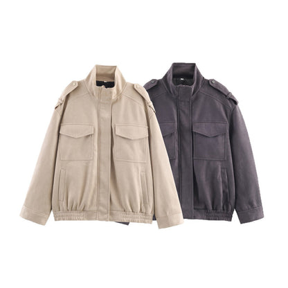 Damen Utility-Jacke Praktische Taschen Hochschließender Kragen