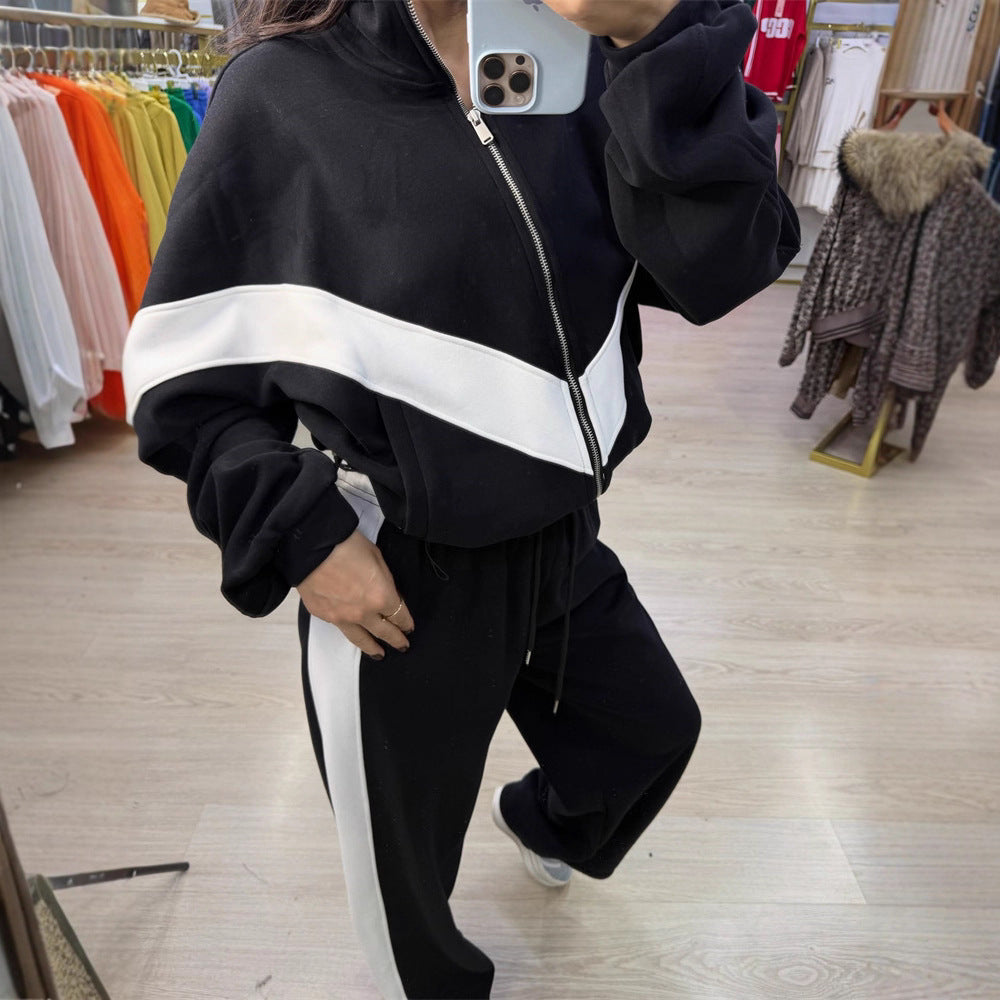 Damen Sportlicher Jogginganzug Hochkragen Kontraststreifen Norvielle