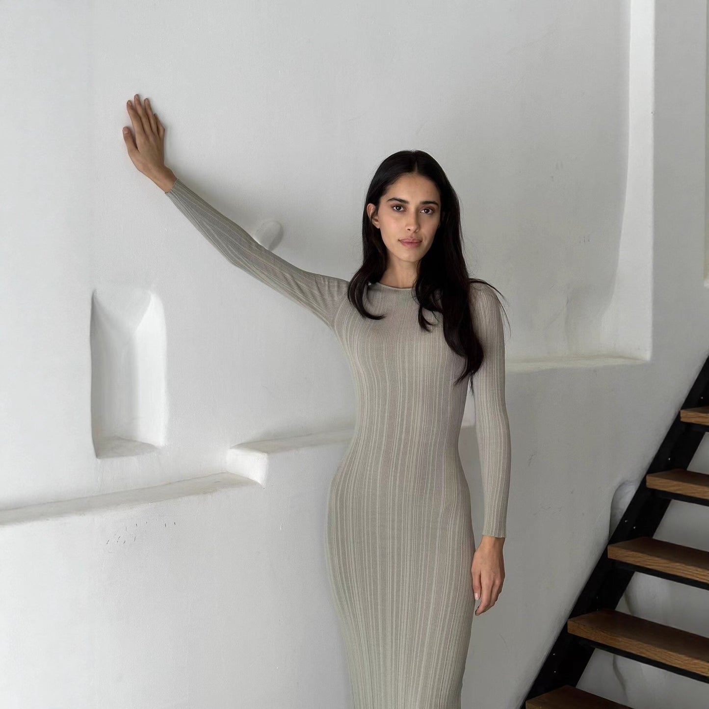 Damen Maxikleid Rippstrick Langärmlig Figurbetont