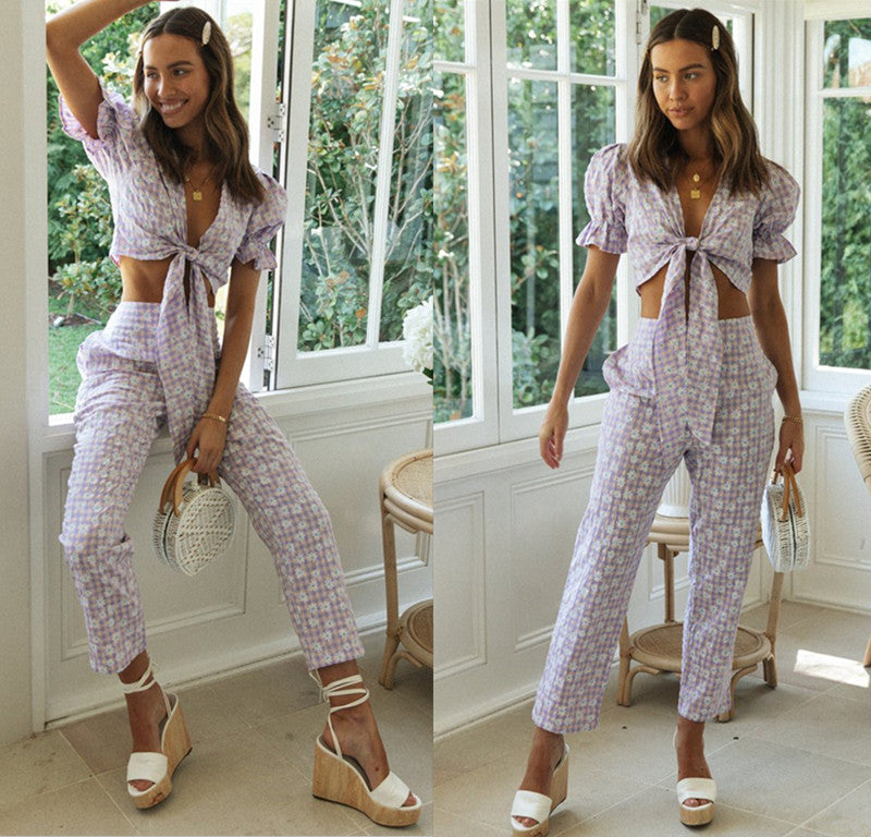 Damen Zweiteiliges Set mit Knoten Oberteil und weiten Hosen