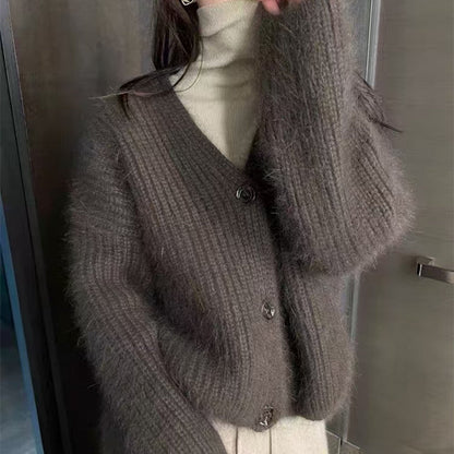 Damen Strickjacke Flausch Norvielle Lässig Knopf