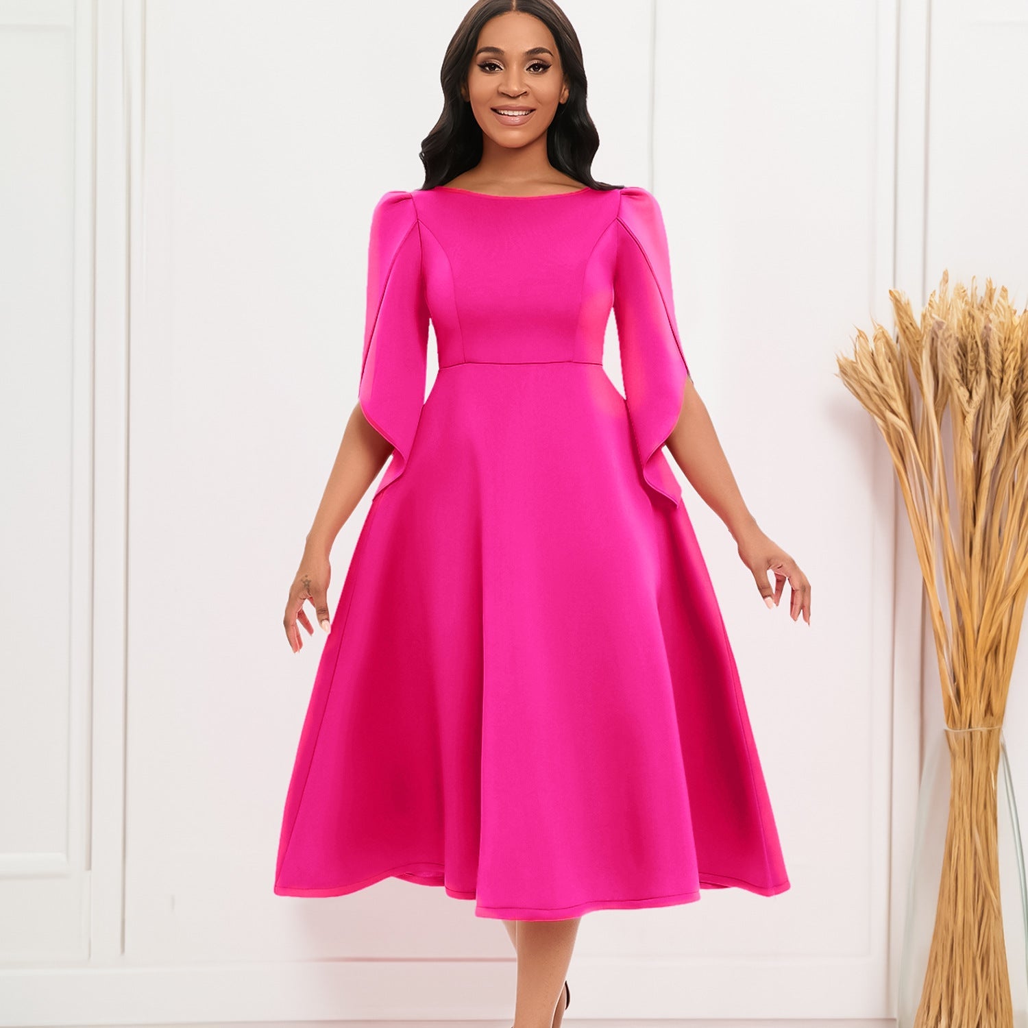 Damen Abendkleid mit Handballenärmel und schwingendem Rock - Norvielle