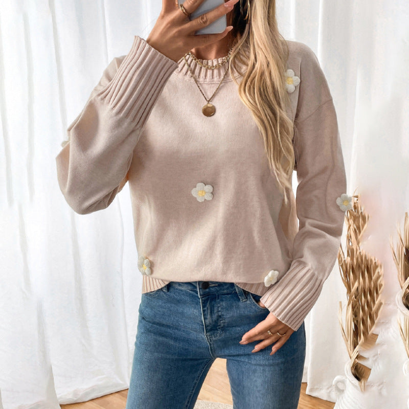 Damen Pullover Lässig Floralmuster Strukturiert Beige