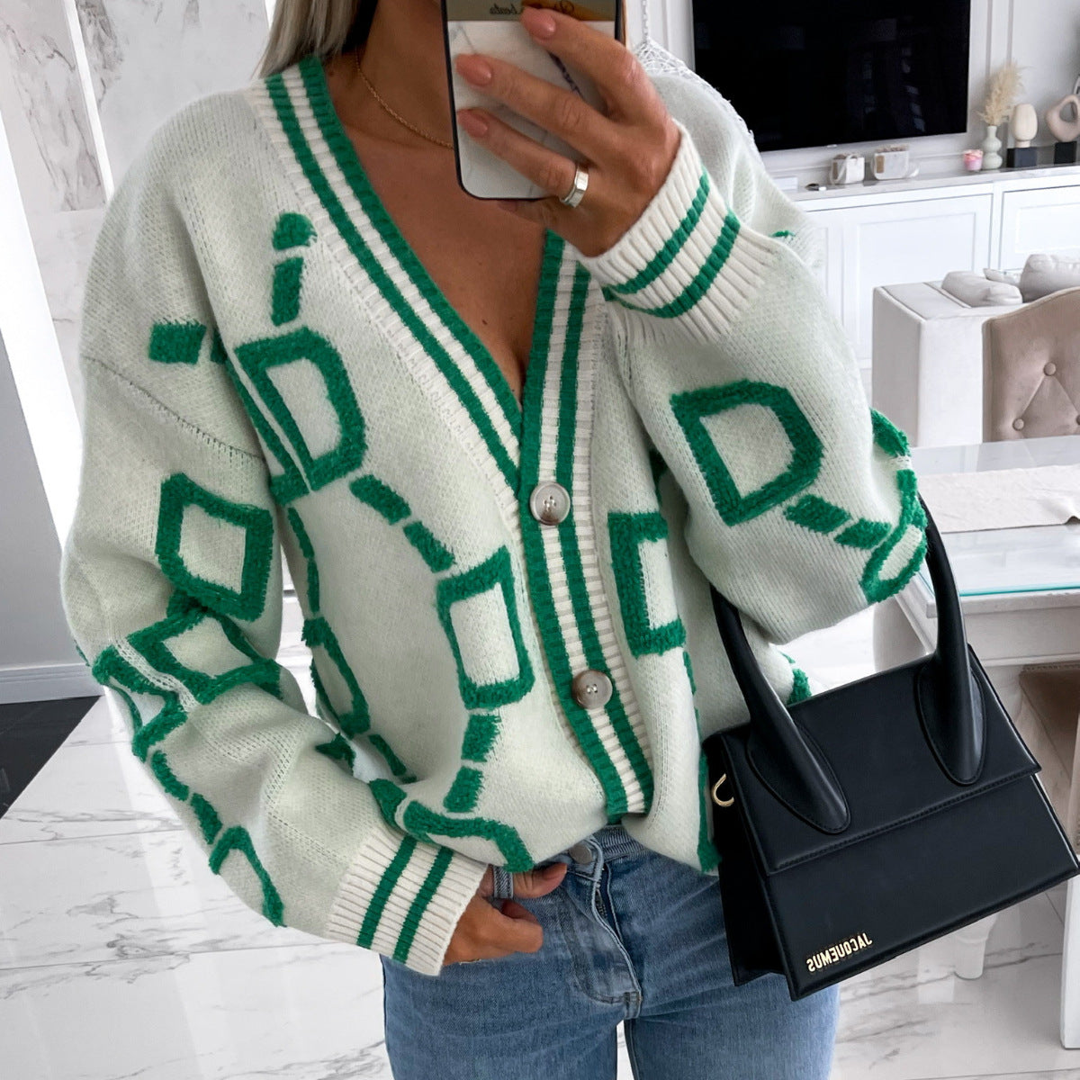 Casual V-Ausschnitt Cardigan Farbkontrast Strick