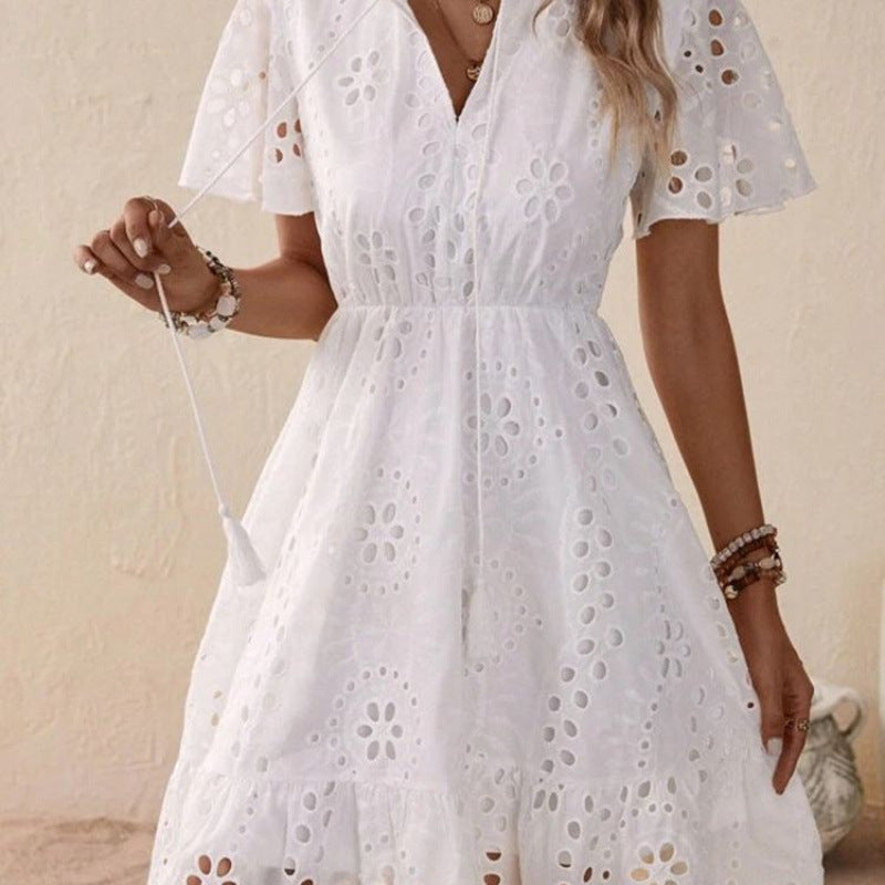 Weiße Damen Sommerkleid Baumwolle Kurzarm Boho-Stil