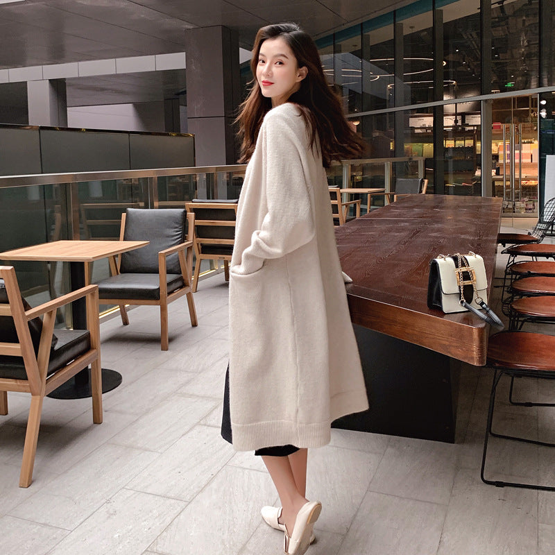 Damen Strickjacke Lässig Offener Schnitt Tiefen Taschen Beige