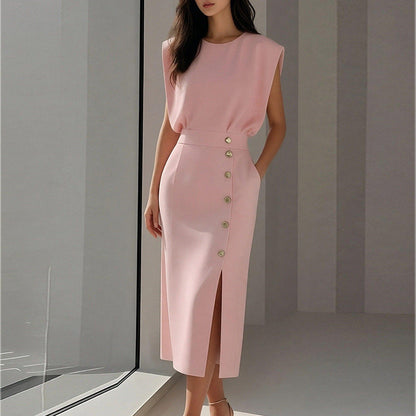 Damen Elegantes Midi-Kleid mit Knöpfen und Seitenschlitz Norvielle