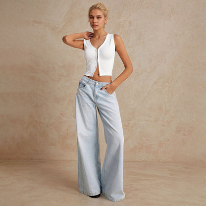 Damen Cropped Oberteil V-Ausschnitt Dekorativer Knopf Norvielle