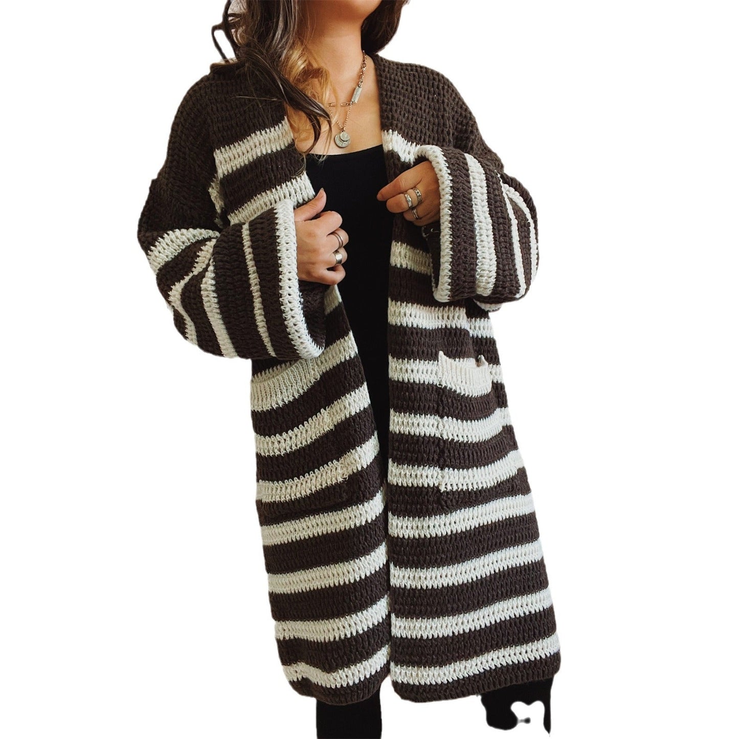 Damen Strickjacke Streifenmuster Weite Ärmel Beige