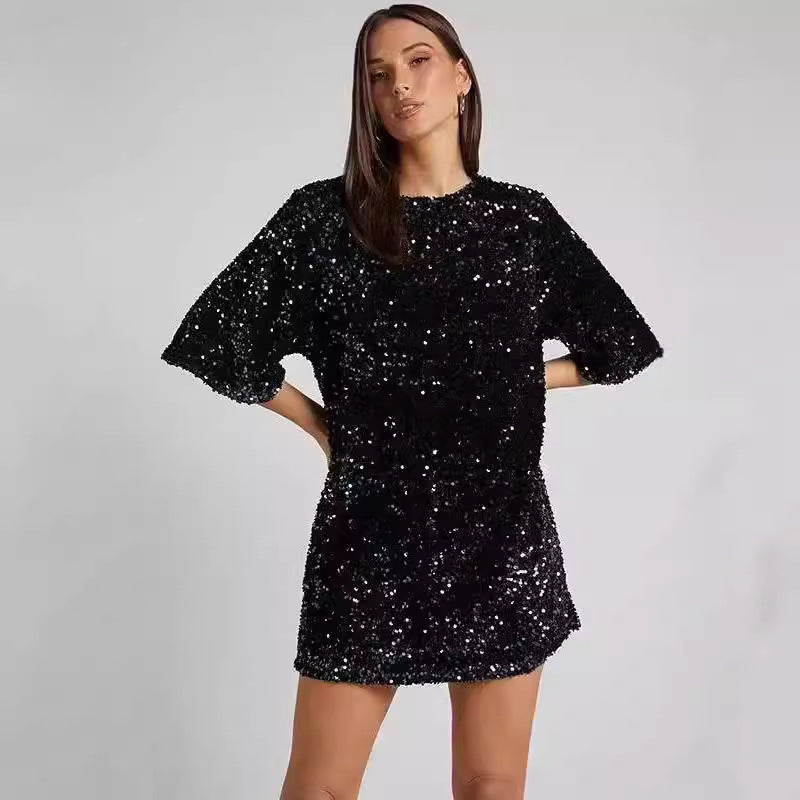 Damen Pailletten-Kleid Lockere Ärmel Rundhalsausschnitt Glitzernd - Norvielle