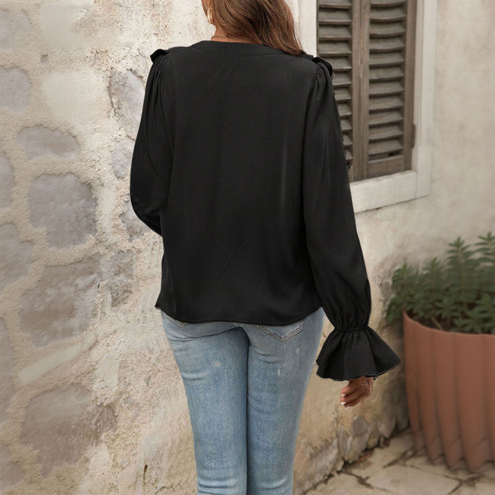 Damen Bluse Rüschendetails V-Ausschnitt Elegantes Design