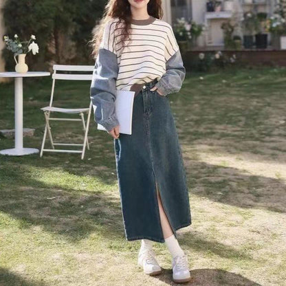 Damen Sweater mit Denim Ärmeln Norvielle
