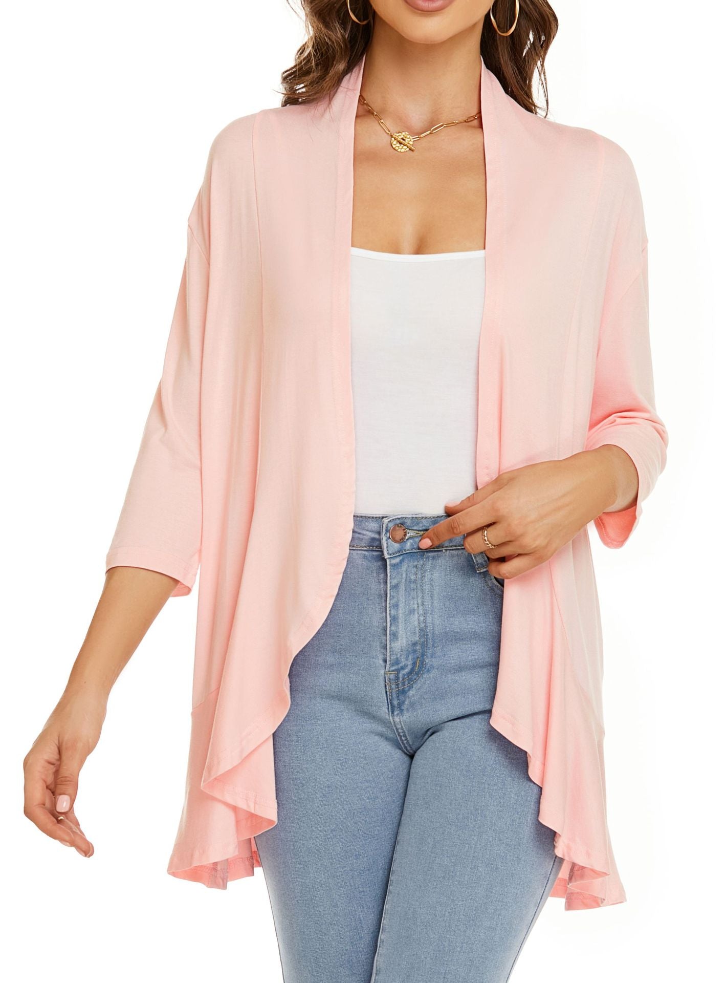 Norvielle Damen Strickjacke Einfarbig 3/4 Ärmel Rüschenrand