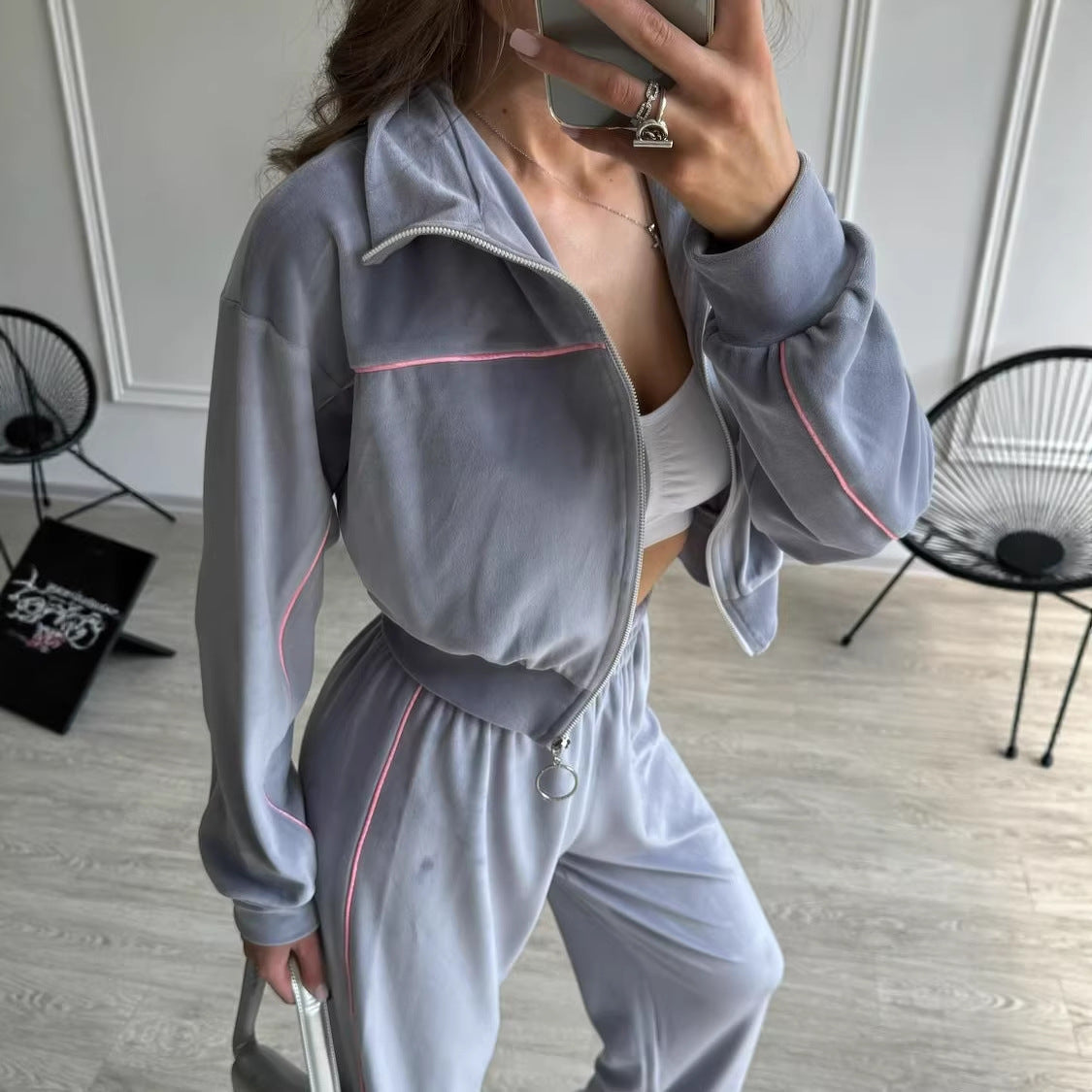 Damen Velours Joggingset Hochkragen Reißverschluss Norvielle