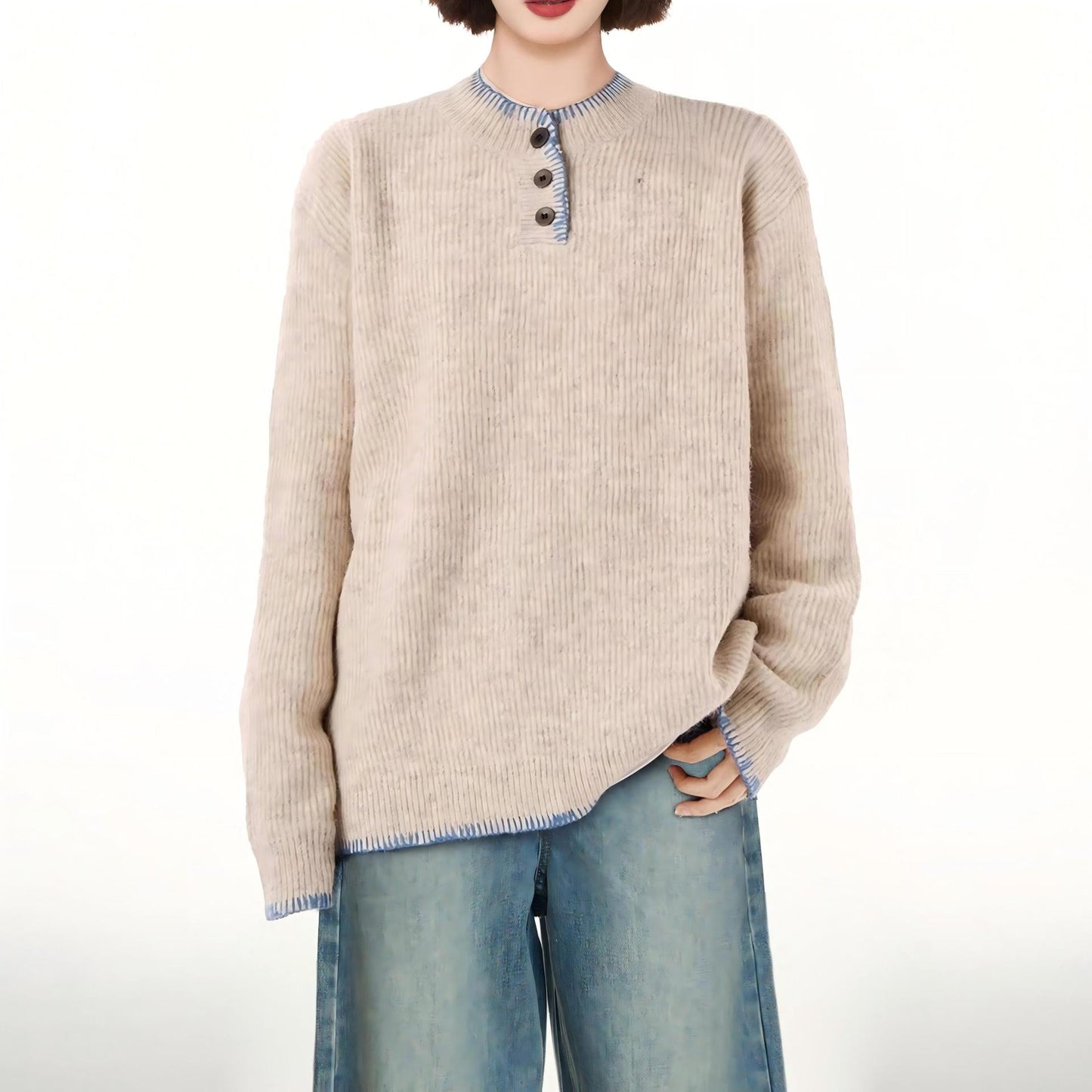 Damen Grobstrickpullover Lässig Dekorativer Knopf Norvielle