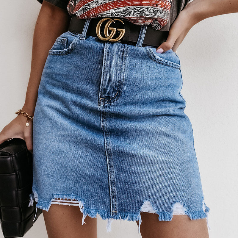 Damen Vintage Miniröcke Denim Franser Saum Blau - Norvielle